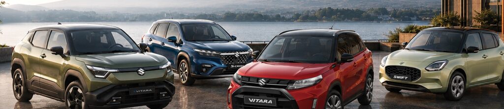 Gama Suzuki: eVitara, S-Cross, Vitara și Swift, parcate lângă un lac